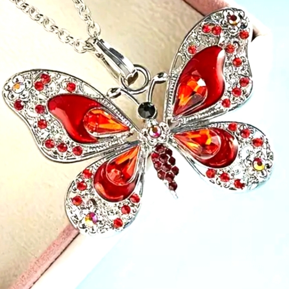 garnet and enameled Jewelry - SILVER RED ENAMELED/ GRANT BUTTERFLY PENDANT / 24 INCH CHAIN
